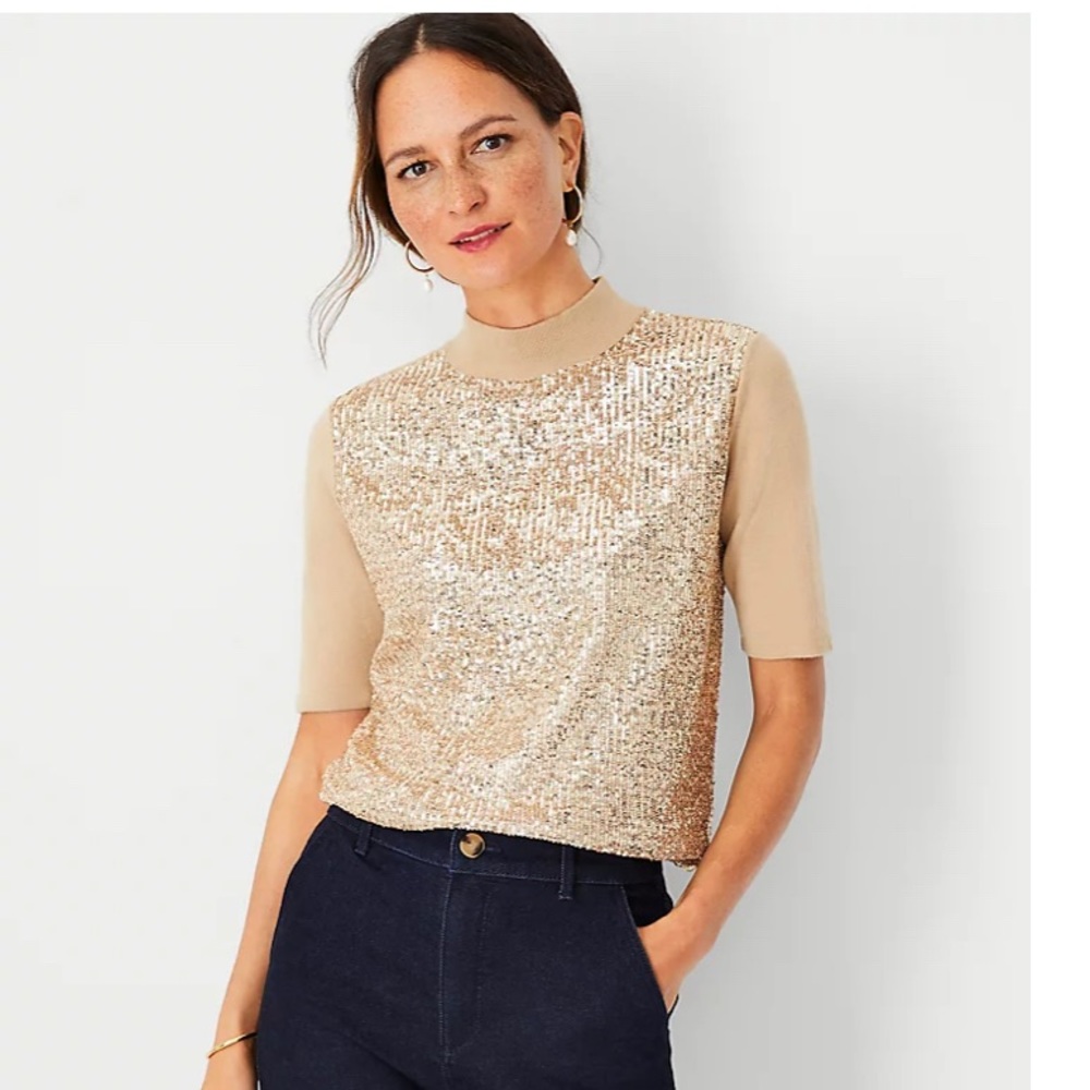 Ann Taylor sequins short sleeve turtleneck sweater size small